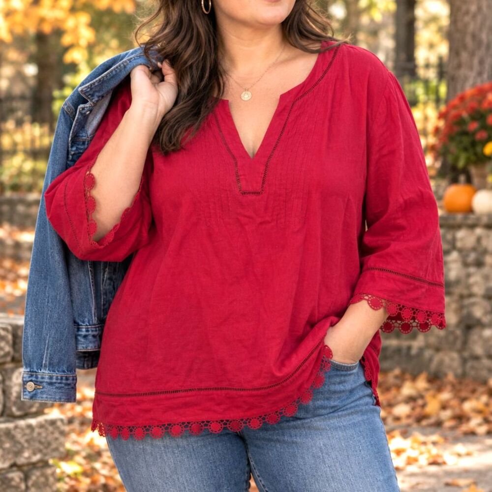 Lauren Ralph Lauren XXL Red Linen Blouse Crochet Trim Feminine Romantic